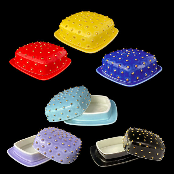 butter dishes with gold buds, color variations